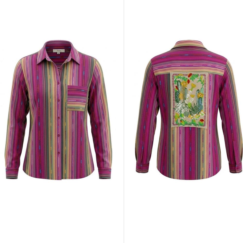 Andree by Unit Pink Striped Cactus Embroidered Button-Up Shirt Women Size M